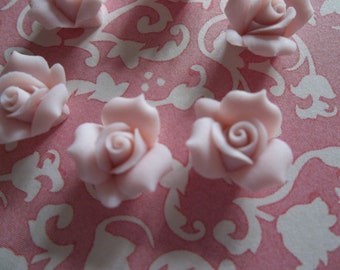 11mm Pink Ceramic Roses - 1/2" Flower Cabochons - Solid Pink - Porcelain Flower Embellishment - Flat Back Cameos - Qty 6