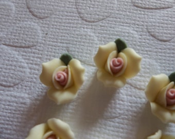 11mm Yellow Ceramic Roses - 1/2" Flower Cameos - Green Leaf - Pink Center - Flat Back Cabochons - Qty 6