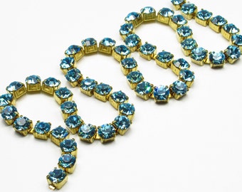 6mm Aqua Blue Rhinestone Cup Chain - Brass Setting - Aqua Bohemica Preciosa Czech Crystals - Large Crystal Size 29SS  - Choose Your  Length