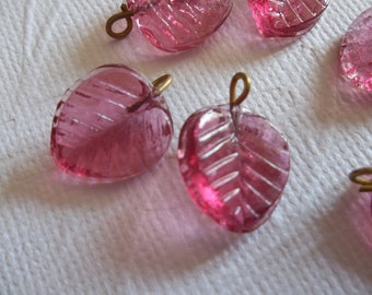 Glass Leaf Charms - Rose Pink Leaves with Brass Loops - Leaf Pendants - 13X12mm - Qty 12