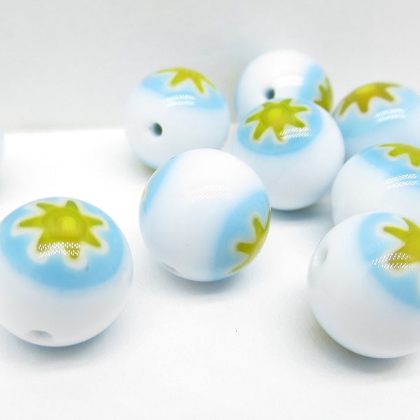 10mm Round Italian Style Millefiori Glass Beads - White & Baby Blue with Yellow Sun Star Starburst - Retro Kitsch - Qty 10 *NEW*