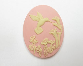 Hummingbird Cameos - 40X30mm Oval Cabochons - Ivory on Pink Floral - Resin - Retro Vintage Style - Qty 4