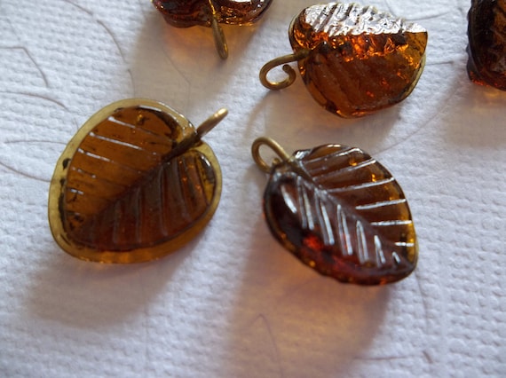 12 Smoke Topaz Leaf Charms Beads Leaves with Brass Loops 24mm X 14mm