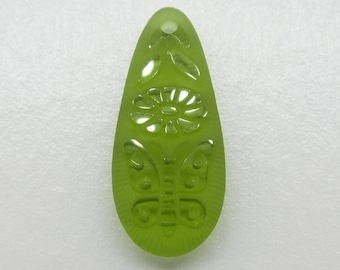 German Glass Pendant - Engraved Butterfly Flower & Leaves - 10X22mm Matte Olivine Green - Teardrop Pear - Made in Germany - Qty 1 *NEW*
