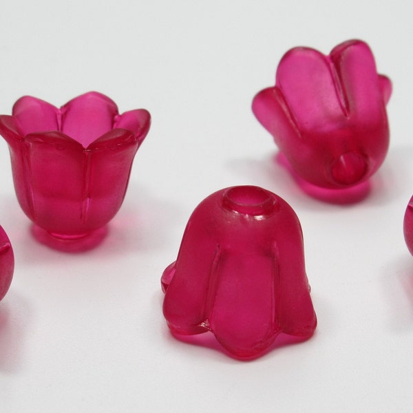 Matte Fuchsia Pink Flower Beads - 14X12mm Bell Shape Tulip Pendants - Acrylic Flower Drops Center Hole - Large Bead Caps - Qty 6