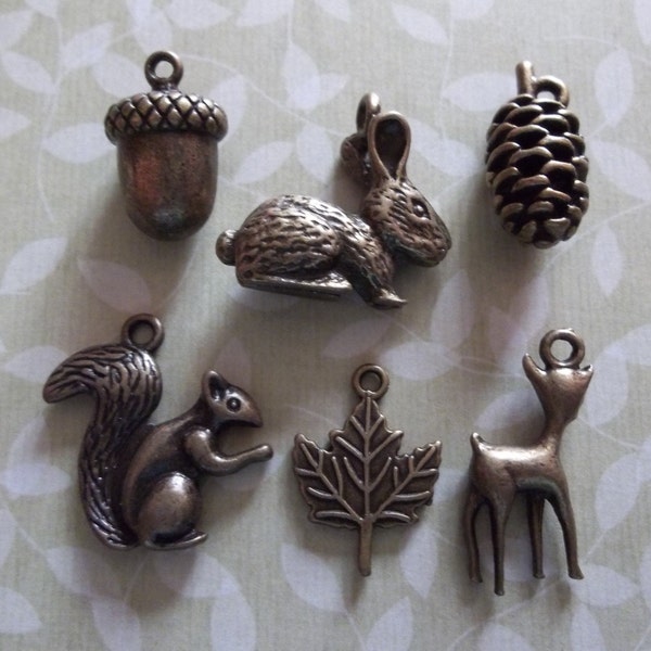 Antiqued Brass Woodland Charm Set - Rabbit Squirrel Deer Leaf Acorn & Pine Cone Charms - Qty 6