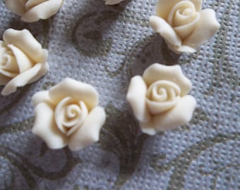 11mm Ivory Ceramic Roses - 1/2" Flower Cabochons - Cream - Beige - Flat Back Cameos - Porcelain Flower Embellishment - Qty 6