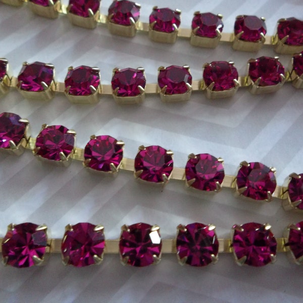 6mm Fuchsia Pink Rhinestone Cup Chain - Brass Setting - Deep Pink Preciosa Crystals - Large Crystal Size 29SS - Choose Your Length