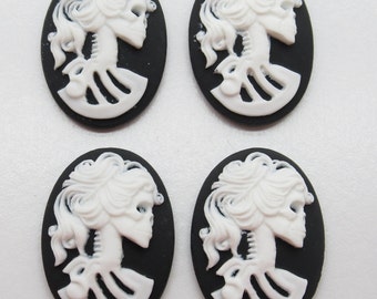 Lolita Skeleton Cameos - White on Black - Skull Cabochons - 25X18mm - Oval Resin Cabochons - Halloween Skull Pendant - Qty 4 *NEW*