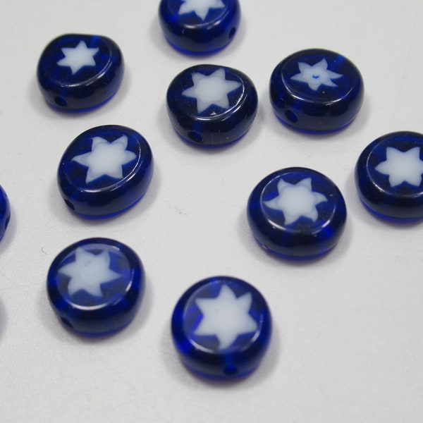 Glass Star Beads - Blue with White Star - Italian Style Millefiori Glass - Flat Round 10X4mm - Qty 6 *NEW*