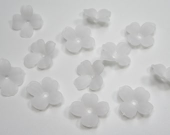 White Flower Beads - 12mm Flower Pendants - 4 Petal Acrylic Flower Drops Center Hole - Matte Crystal White - Bead Caps - Qty 12