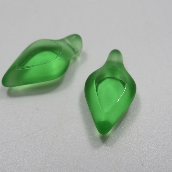 Glass Petal Leaf Beads - Emerald Green - Spike Spear Charms - 20X11mm - Czech Glass 1/2 Frosted Window Cut Center - Qty 2