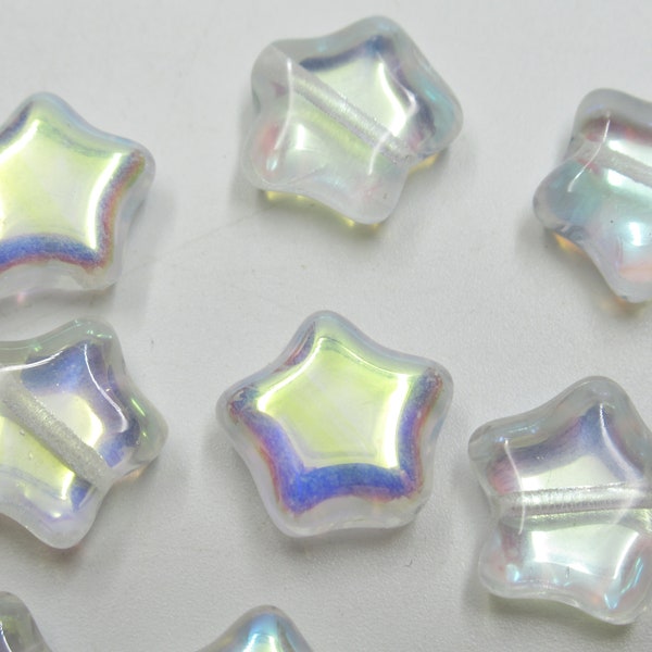 Glass Star Beads - Clear AB Stars - 12mm 1/2 inch - Czech Glass - Jewelry Findings Celestial Necklace Bracelet Earring Beads - Qty 12