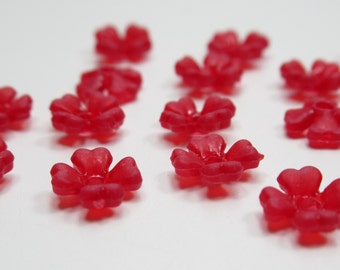 Red Flower Beads - 6mm Flower Pendants - 4 Petal Acrylic Flower Drops Center Hole - Matte Garnet Red - Small Bead Caps - Qty 18