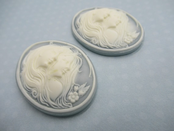 Women Double Head Cameos 40X30mm Oval Cabochons Ivory Black Female Profile 4 pcs