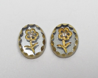 Vintage Glass Flower Cabochons - Engraved Intaglio Flower with Chaton - 10X8mm Gold on Clear Crystal - Made in Germany Qty 2