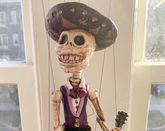 Small Day of the Dead Guitarist Skeleton Marionette (Made to Order)