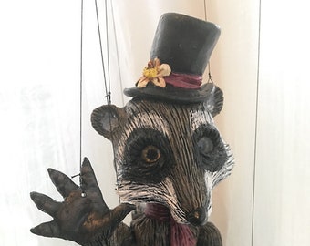 Made-to-order.  Dandy Raccoon in a top hat  marionette, hand-made, OOAK