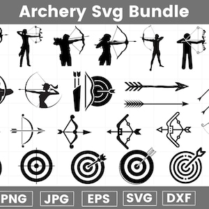 Puede incluir: Paquete SVG de arquería en blanco y negro. Siluetas de arqueros, arcos, flechas y dianas. Incluye formatos de archivo: PNG, JPG, EPS, SVG y DXF. El texto "Archery SVG Bundle" está en la parte superior.