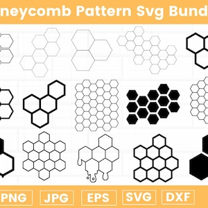 Puede incluir: Una colección de diseños SVG con patrones de panal en blanco y negro. La imagen incluye varias disposiciones de formas hexagonales, algunas sólidas y otras delineadas, con opciones de formato de archivo en la parte inferior.