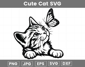 Kitten with Butterfly SVG – Cute Cat Clipart, Peeking Face (Cut Files)