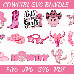 Cowgirl Svg Bundle - Cowgirl Boots Svg - Cowgirl Hat Svg - Let&#39;s Go Girls Svg - Disco Cowgirl Svg - Cow Skull Svg - Horshshoe Svg