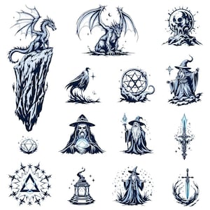 May include: A collection of fantasy-themed illustrations in shades of blue and white. The images include dragons, wizards, a raven, a crystal ball, a sword, and other mystical symbols. The artwork has a detailed, graphic style.
