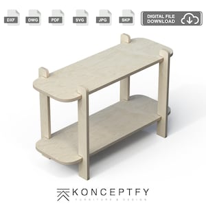 May include: A light-colored, two-tiered wooden shelf with rounded edges. The shelf has a simple, modern design and is suitable for various uses. The image also includes file type icons for digital downloads. The Konceptfy Furniture & Design logo is at the bottom.
