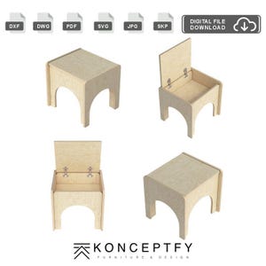 May include: A light-colored wooden storage stool with an arched base and a hinged lid that opens to reveal a hollow interior. The digital file download includes DXF, DWG, PDF, SVG, JPG, and SKP formats. The text KONCEPTFY FURNITURE & DESIGN is visible.