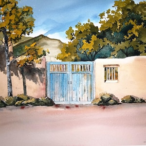 May include: Watercolor painting of a rustic scene featuring a light blue gate and a matching window frame. The scene includes a beige wall, lush green and yellow foliage, and a mountain in the background. The sky is a light blue.