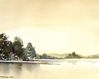 Atardecer en el Río Grande - Acuarela original de 40 x 30 cm