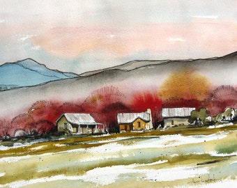 Autumn Village - Original Watercolor Painting