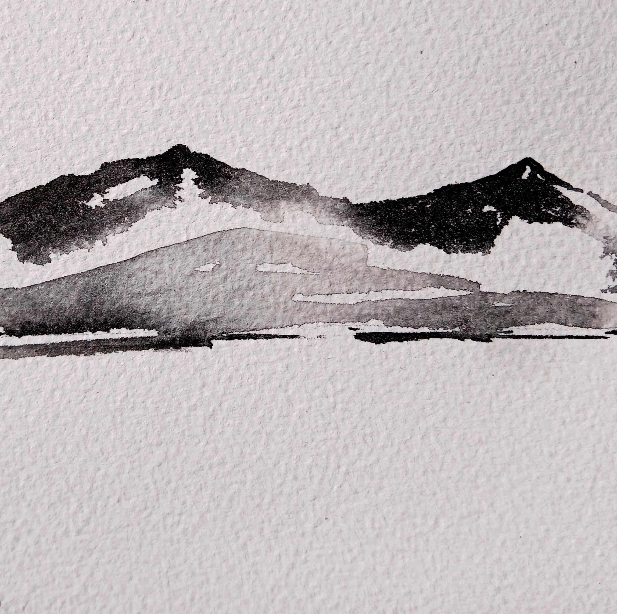 小さな山の風景 - 4インチ x 4インチのオリジナルインク絵画 - Etsy 日本