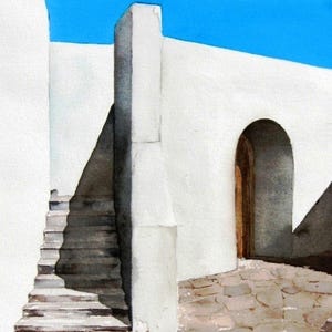 Puede incluir: Una pintura de acuarela de un edificio blanco con una puerta y una escalera que conduce a &eacute;l. El edificio est&aacute; situado contra un cielo azul brillante.