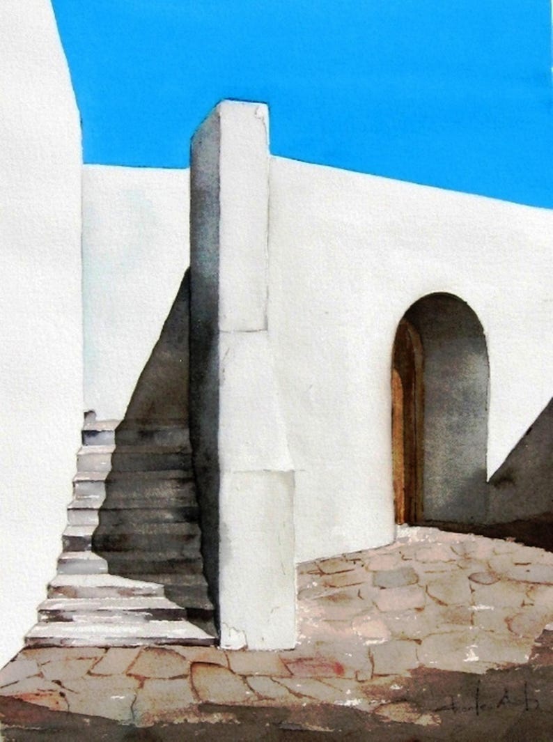 Puede incluir: Una pintura de acuarela de un edificio blanco con una puerta y una escalera que conduce a &eacute;l. El edificio est&aacute; situado contra un cielo azul brillante.