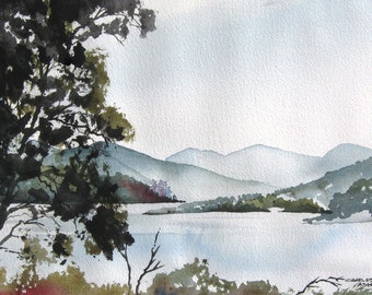 Lago brumoso por la mañana - Acuarela original de 40 x 30 cm