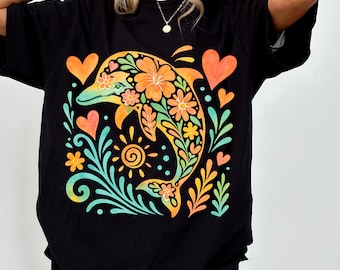 Cute Dolphin Lover Gift Tee Idea, Dolphin Shirts For Women and Girls, Dolphin gifts, Dolphin Floral Shirt, floral dolphin shirt, Beach shirt