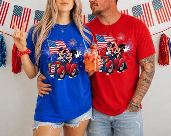Patriotic Mickey Minnie Car Shirt, 4th Of July Disney Tee, USA Couple Graphic Tee, Independence Day Shirt Women, 4th of July Matching Outfit