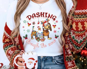 Dashing through The Snow Slink Dog Christmas Sweatshirt, Disney Toy Story Merry Christmas Sweater, Disneyland Family Christmas Trip Tee
