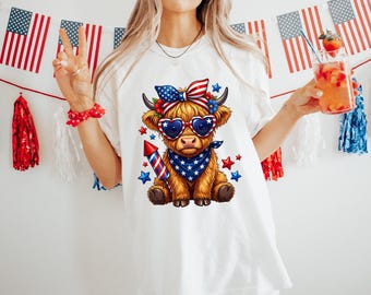 4th of July Highland Cow Shirt, Patriotic Cow Shirt, USA Flag Cowgirl Tee, Western Independence Day Shirt, Cute Summer Cow Lover Gift