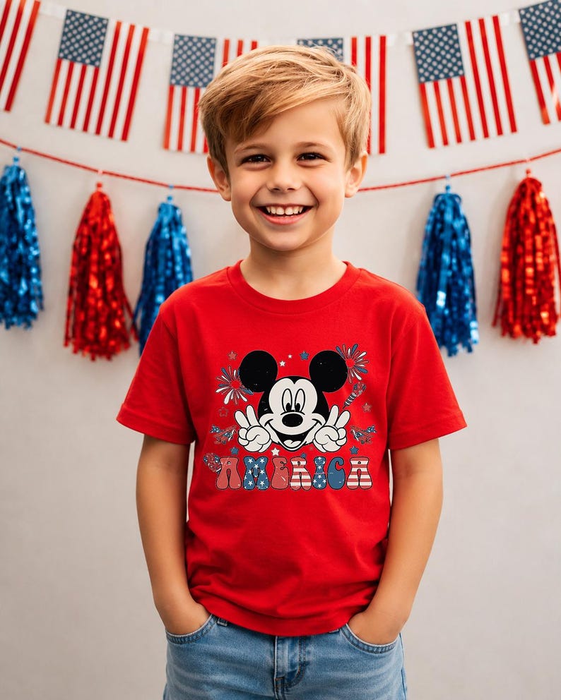 May include: A red t-shirt featuring a graphic of Mickey Mouse with peace signs and the word "AMERICA" in patriotic colors. The shirt is worn by a smiling child, with American flags and red and blue decorations in the background.