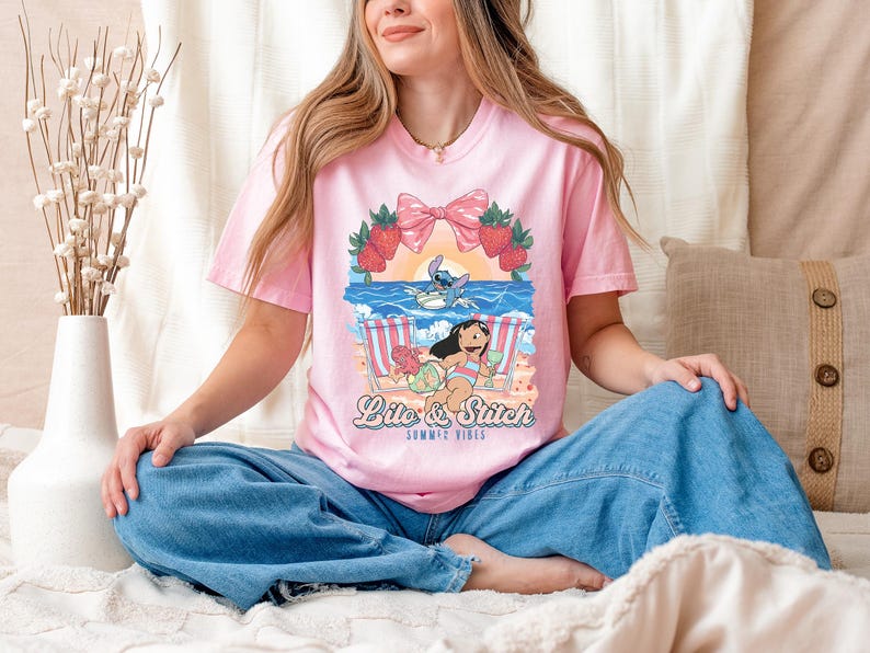 lilo and stitch summer vibes beach graphic shirt tropical vacation tee with cute beach aesthetic hawaii inspired summer sweatshirt with cartoon artwork beach vacation hoodie for tropical summer outfits cute disney inspired beach vibes t shirt coquette tropical graphic tee with strawberries and bow summer vacation outfit with tropical cartoon design beach themed summer apparel for disney lovers