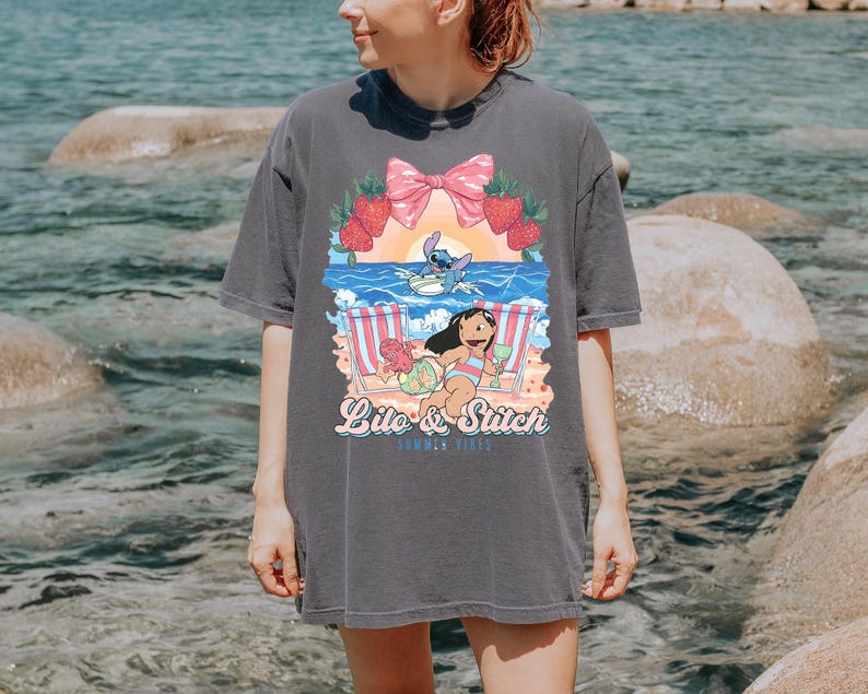 lilo and stitch summer vibes beach graphic shirt tropical vacation tee with cute beach aesthetic hawaii inspired summer sweatshirt with cartoon artwork beach vacation hoodie for tropical summer outfits cute disney inspired beach vibes t shirt coquette tropical graphic tee with strawberries and bow summer vacation outfit with tropical cartoon design beach themed summer apparel for disney lovers