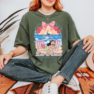 lilo and stitch summer vibes beach graphic shirt tropical vacation tee with cute beach aesthetic hawaii inspired summer sweatshirt with cartoon artwork beach vacation hoodie for tropical summer outfits cute disney inspired beach vibes t shirt coquette tropical graphic tee with strawberries and bow summer vacation outfit with tropical cartoon design beach themed summer apparel for disney lovers