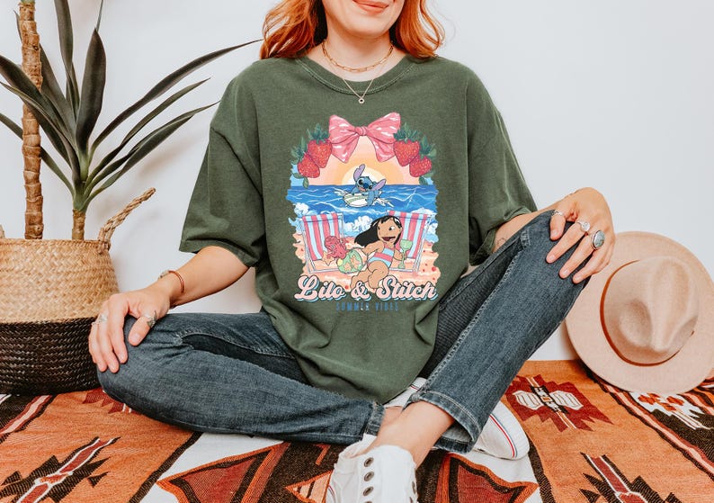 lilo and stitch summer vibes beach graphic shirt tropical vacation tee with cute beach aesthetic hawaii inspired summer sweatshirt with cartoon artwork beach vacation hoodie for tropical summer outfits cute disney inspired beach vibes t shirt coquette tropical graphic tee with strawberries and bow summer vacation outfit with tropical cartoon design beach themed summer apparel for disney lovers