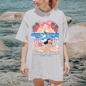 lilo and stitch summer vibes beach graphic shirt tropical vacation tee with cute beach aesthetic hawaii inspired summer sweatshirt with cartoon artwork beach vacation hoodie for tropical summer outfits cute disney inspired beach vibes t shirt coquette tropical graphic tee with strawberries and bow summer vacation outfit with tropical cartoon design beach themed summer apparel for disney lovers