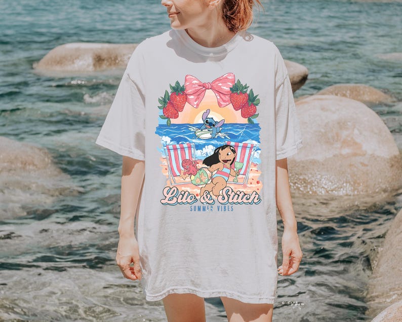 lilo and stitch summer vibes beach graphic shirt tropical vacation tee with cute beach aesthetic hawaii inspired summer sweatshirt with cartoon artwork beach vacation hoodie for tropical summer outfits cute disney inspired beach vibes t shirt coquette tropical graphic tee with strawberries and bow summer vacation outfit with tropical cartoon design beach themed summer apparel for disney lovers