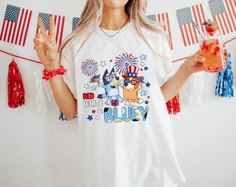 Red White and Bluey Inspired Shirt, 4th of July Cartoon Dog Shirt, Patriotic Puppy Tee, Cute Family Independence Day Outfit