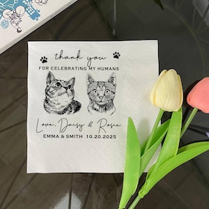 Personalized Pet Illustrated Cat Wedding Napkins, Custom Engagement Party Napkins, Custom Pet Wedding Napkins, Bridal Shower Party