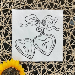 Custom Heart Locket Napkins, Custom Bridal Shower Napkins, Personalized Initial Wedding Napkins, Engagement Party Napkins
